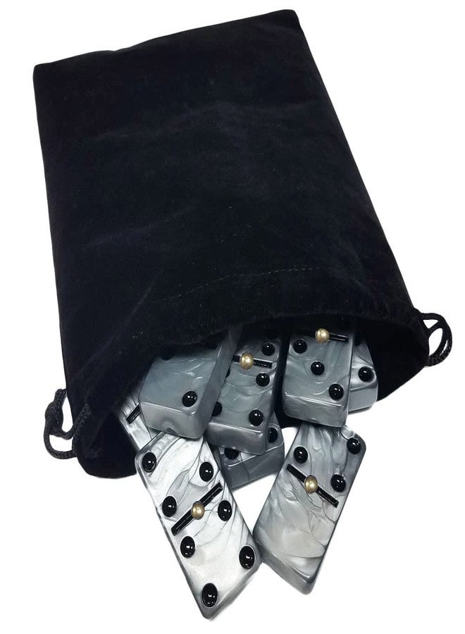 Marion Domino Double Six 6 Silver Tiles Jumbo Tournament Professional Size in Black Elegant Velvet Bag - Image 1