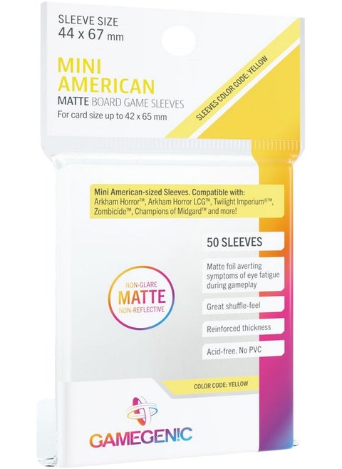Matte Board Game Sleeves | Pack of 50 Matte Sleeves | 44 by 67 mm Card Sleeves Optimized for Mini American Card Games | Premium Card Protection | FFG Yellow Color Code | Made by Gamegenic
