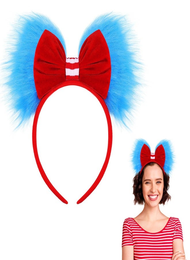 Canlierr Halloween Blue and Red Bow Headband Large Furry Hair Bow Headband Fuzzy Pom Hairband for Women Holiday Party(1 Pcs) - Image 1
