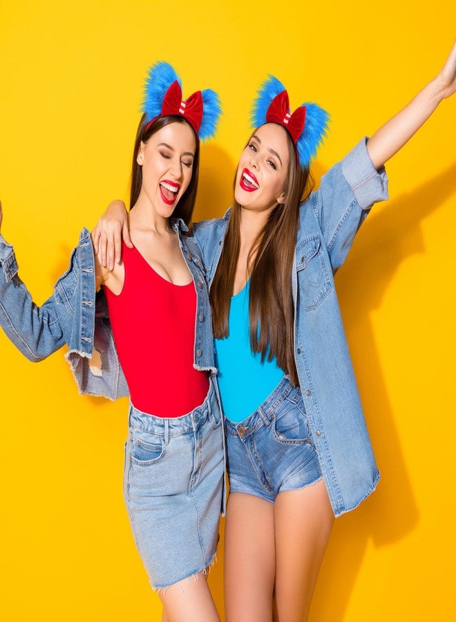 Canlierr Halloween Blue and Red Bow Headband Large Furry Hair Bow Headband Fuzzy Pom Hairband for Women Holiday Party(1 Pcs) - Image 4