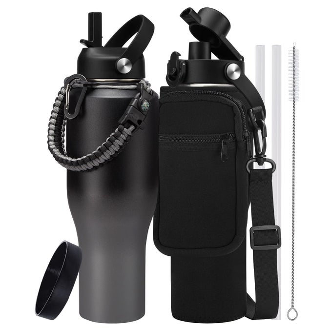 40 OZ INSULATED WATER BOTTLE FIT IN CAR CUP HOLDER 40OZ METAL WATER BOTTLE WITH STRAW AUTO SPOUT LIDS PARACORD HANDLE CARRIER BAG WATER FLASK BOOT TRAVEL TUMBLER CUP KEEP COLD48H HOT24H