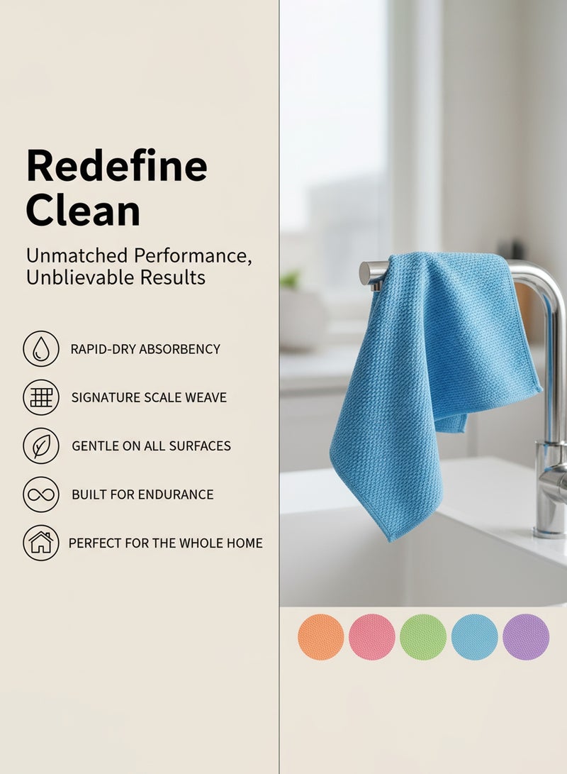 Nawāzīl 5 Pack Fish Scale Microfiber Cleaning Cloth 30x30cm – Streak-Free Glass Cloth, Lint-Free, Super Absorbent, Reusable Rags for Kitchen, Bathroom, Car, Windows - Image 3