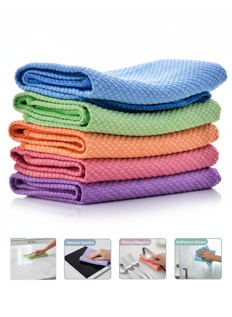 Nawāzīl 5 Pack Fish Scale Microfiber Cleaning Cloth 30x30cm – Streak-Free Glass Cloth, Lint-Free, Super Absorbent, Reusable Rags for Kitchen, Bathroom, Car, Windows - Image 1