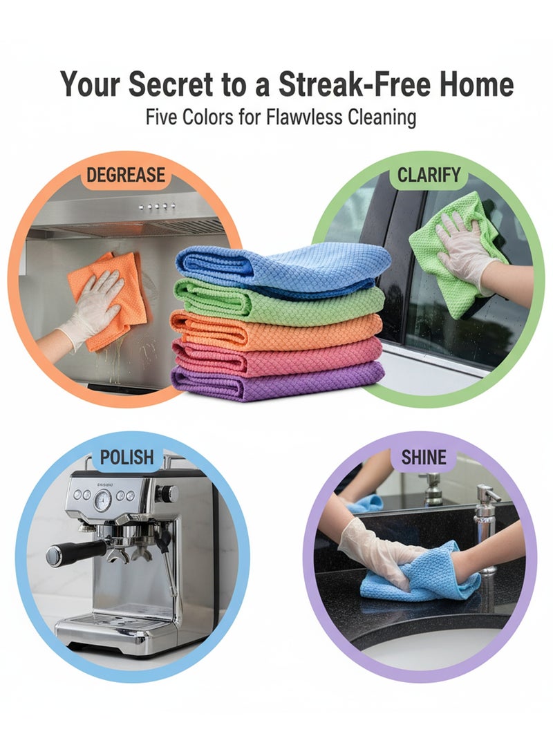 Nawāzīl 5 Pack Fish Scale Microfiber Cleaning Cloth 30x30cm – Streak-Free Glass Cloth, Lint-Free, Super Absorbent, Reusable Rags for Kitchen, Bathroom, Car, Windows - Image 5
