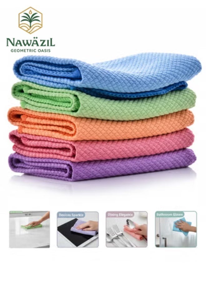 Nawāzīl 5 Pack Fish Scale Microfiber Cleaning Cloth 30x30cm – Streak-Free Glass Cloth, Lint-Free, Super Absorbent, Reusable Rags for Kitchen, Bathroom, Car, Windows - Image 1