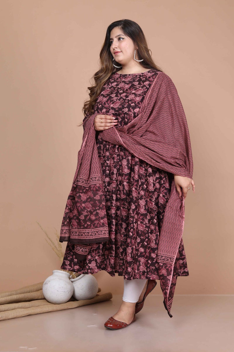 Miravan Womens Plus Size Maroon Print Bell Sleeves Pure Cotton Anarkali Kurta & Dupatta - Image 3