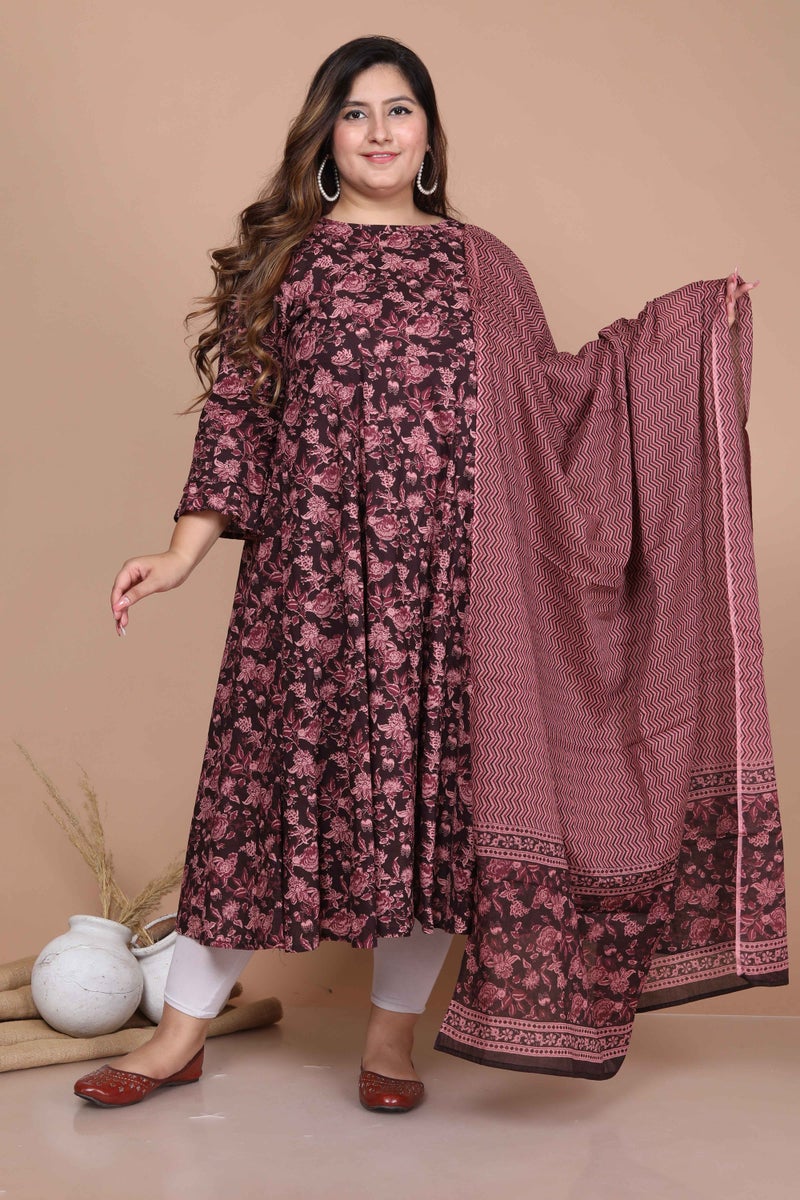 Miravan Womens Plus Size Maroon Print Bell Sleeves Pure Cotton Anarkali Kurta & Dupatta - Image 1