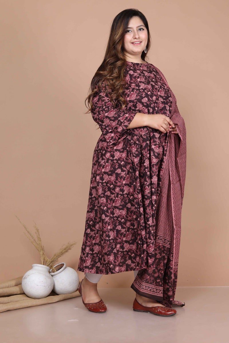 Miravan Womens Plus Size Maroon Print Bell Sleeves Pure Cotton Anarkali Kurta & Dupatta - Image 2