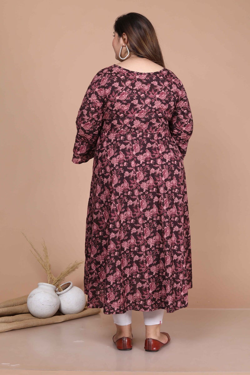 Miravan Womens Plus Size Maroon Print Bell Sleeves Pure Cotton Anarkali Kurta & Dupatta - Image 5