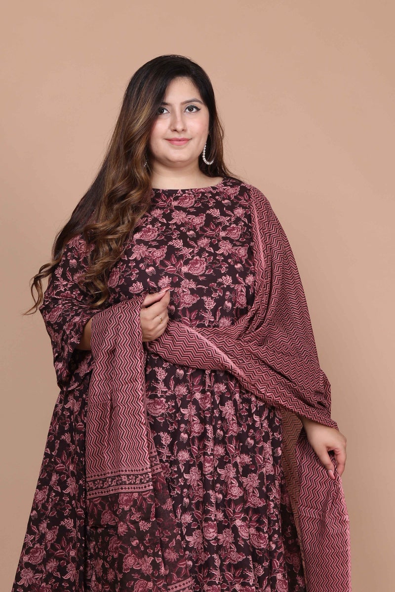 Miravan Womens Plus Size Maroon Print Bell Sleeves Pure Cotton Anarkali Kurta & Dupatta - Image 4