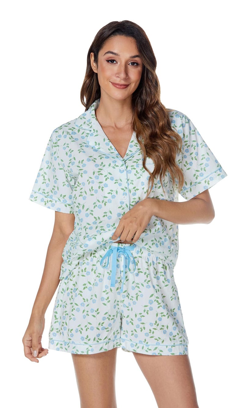 LUBOT 100% Cotton Women's Pajamas Set Button-Down Two-piece PJ Set Short Sleeve Printed Patterned Summer Sleepwear Loungewear (Blue Blooms, M) - Image 4