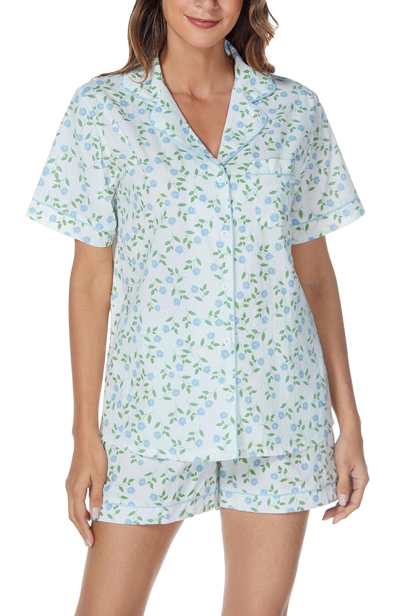 LUBOT 100% Cotton Women's Pajamas Set Button-Down Two-piece PJ Set Short Sleeve Printed Patterned Summer Sleepwear Loungewear (Blue Blooms, M) - Image 1