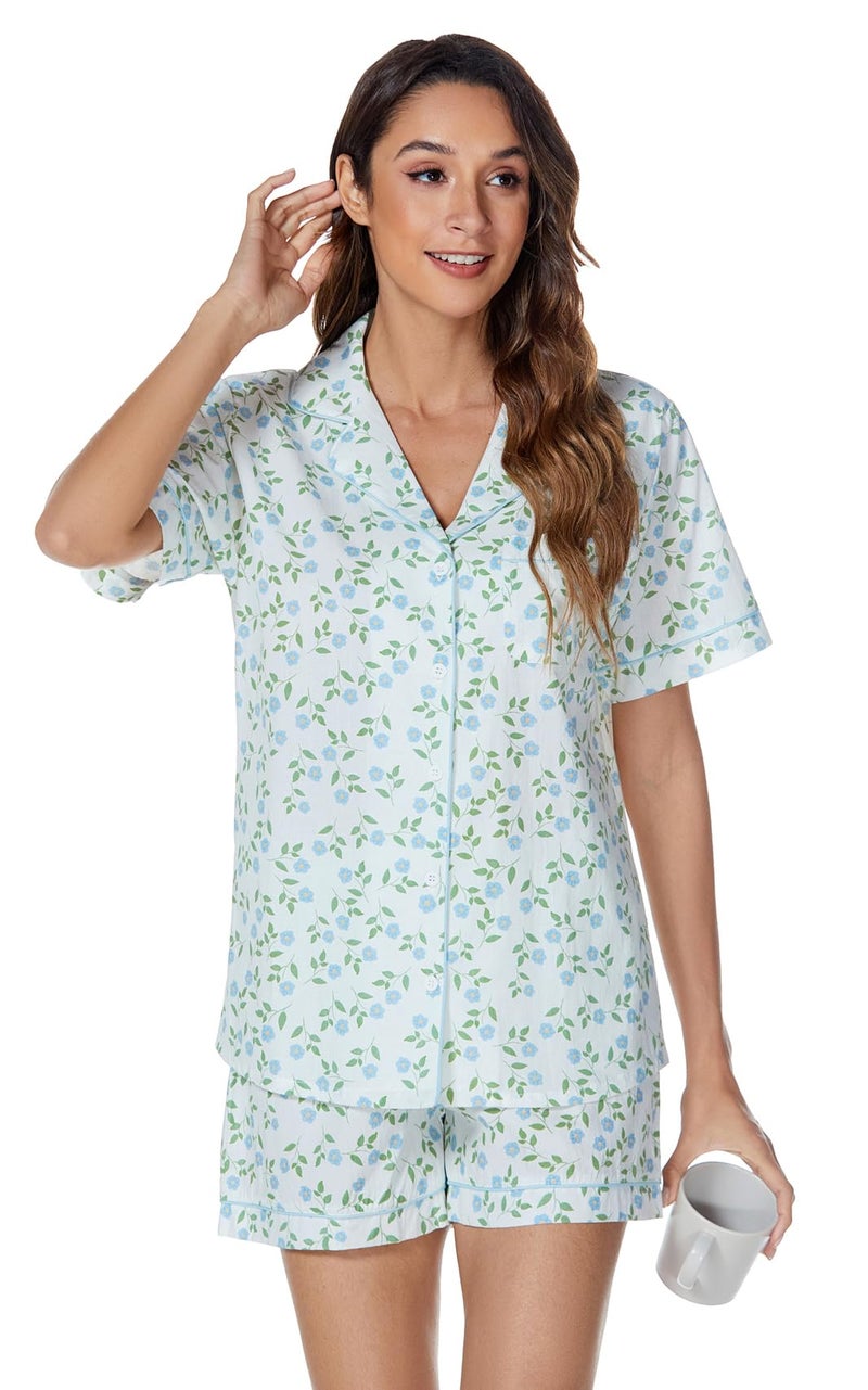 LUBOT 100% Cotton Women's Pajamas Set Button-Down Two-piece PJ Set Short Sleeve Printed Patterned Summer Sleepwear Loungewear (Blue Blooms, M) - Image 2