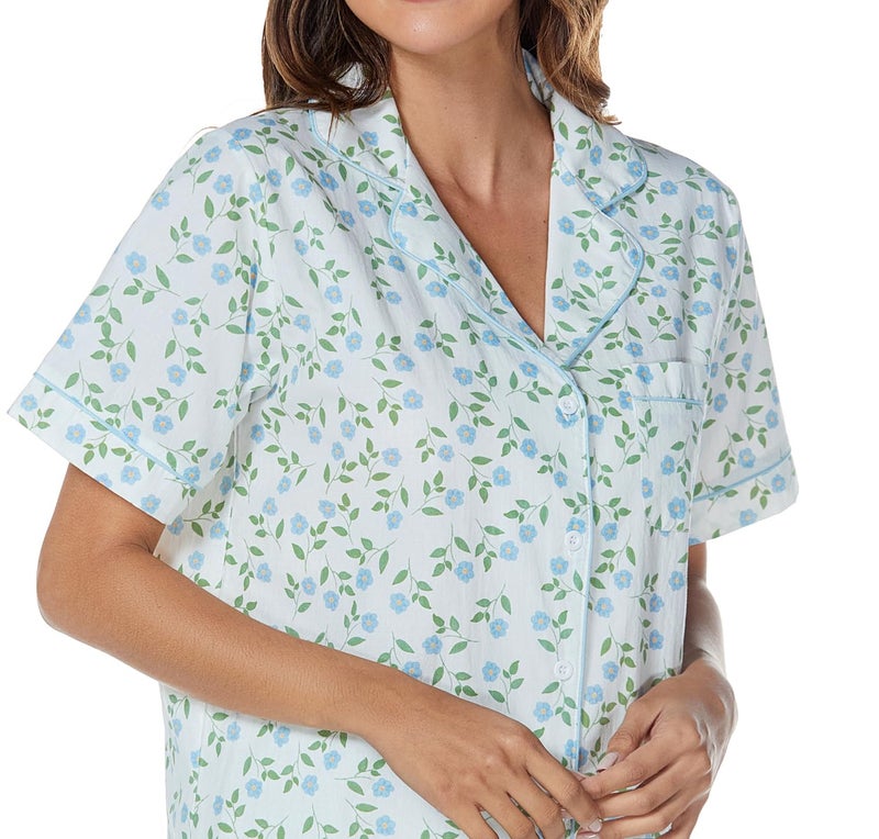 LUBOT 100% Cotton Women's Pajamas Set Button-Down Two-piece PJ Set Short Sleeve Printed Patterned Summer Sleepwear Loungewear (Blue Blooms, M) - Image 3