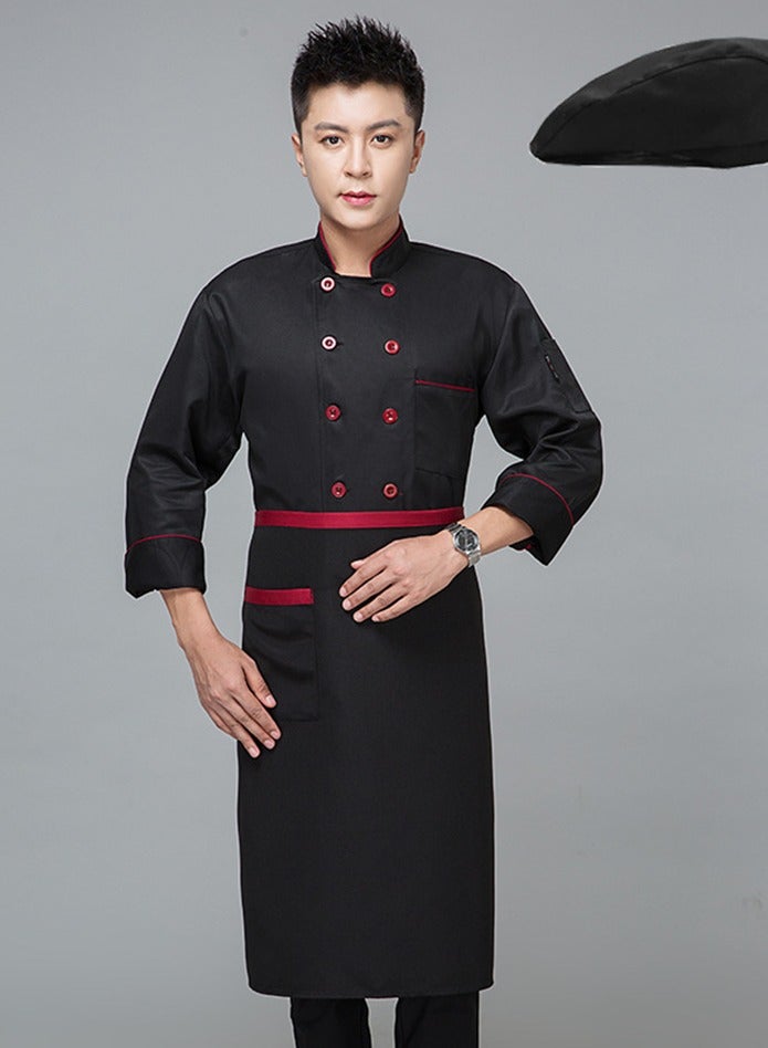 Loquat Chef Uniform Apron Suit Long Sleeves with a Hat Suitable For Hotel Western Restaurant Black - Image 1