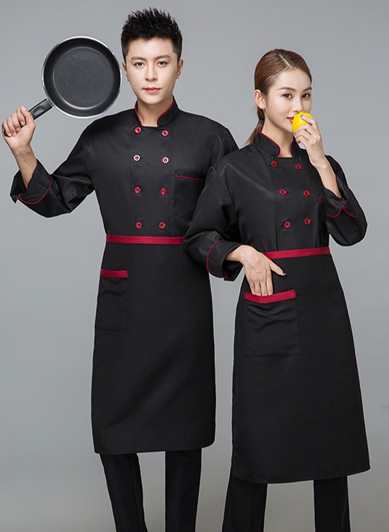 Loquat Chef Uniform Apron Suit Long Sleeves with a Hat Suitable For Hotel Western Restaurant Black - Image 2