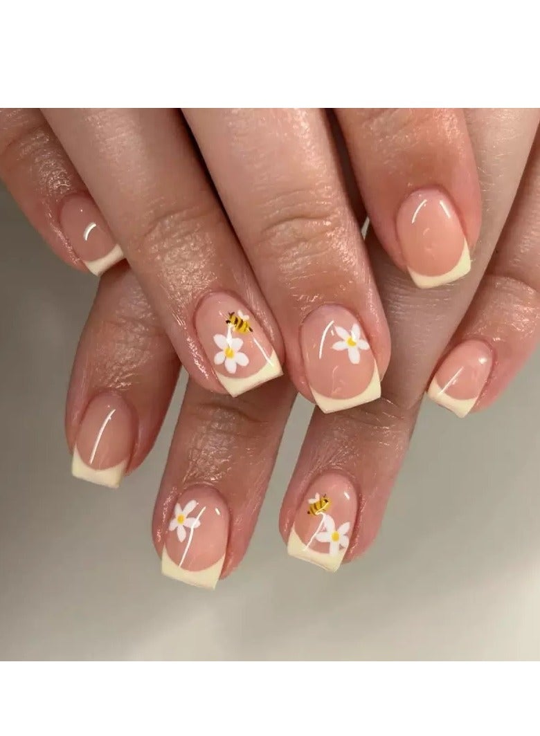 جوسكوين أظافر صناعية، 24 قطعة، أظافر صناعية مربعة بزخارف زهور النحل: حلاوة الصيف على أطراف أصابعك! سهلة التطبيق، ذاتية اللصق، وقابلة للإزالة. أظافر أكريليك مع مجموعة غراء. - Image 1