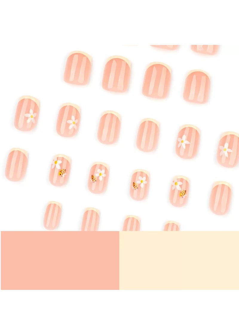 جوسكوين أظافر صناعية، 24 قطعة، أظافر صناعية مربعة بزخارف زهور النحل: حلاوة الصيف على أطراف أصابعك! سهلة التطبيق، ذاتية اللصق، وقابلة للإزالة. أظافر أكريليك مع مجموعة غراء. - Image 2