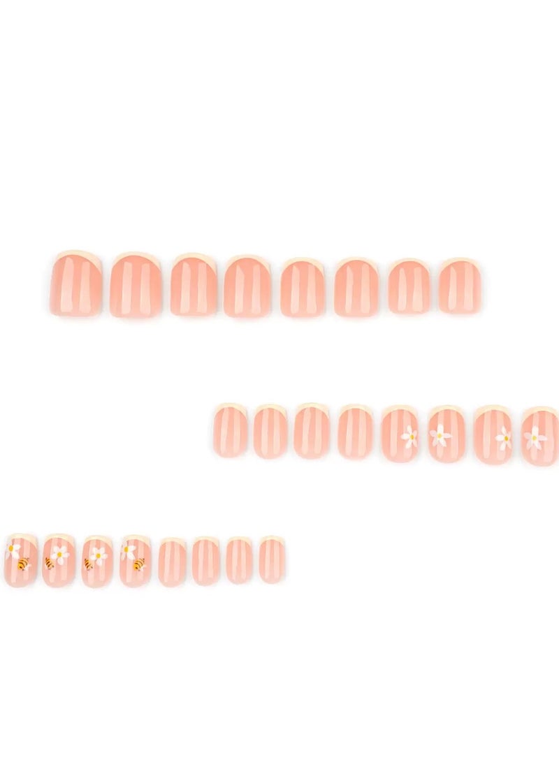 جوسكوين أظافر صناعية، 24 قطعة، أظافر صناعية مربعة بزخارف زهور النحل: حلاوة الصيف على أطراف أصابعك! سهلة التطبيق، ذاتية اللصق، وقابلة للإزالة. أظافر أكريليك مع مجموعة غراء. - Image 5