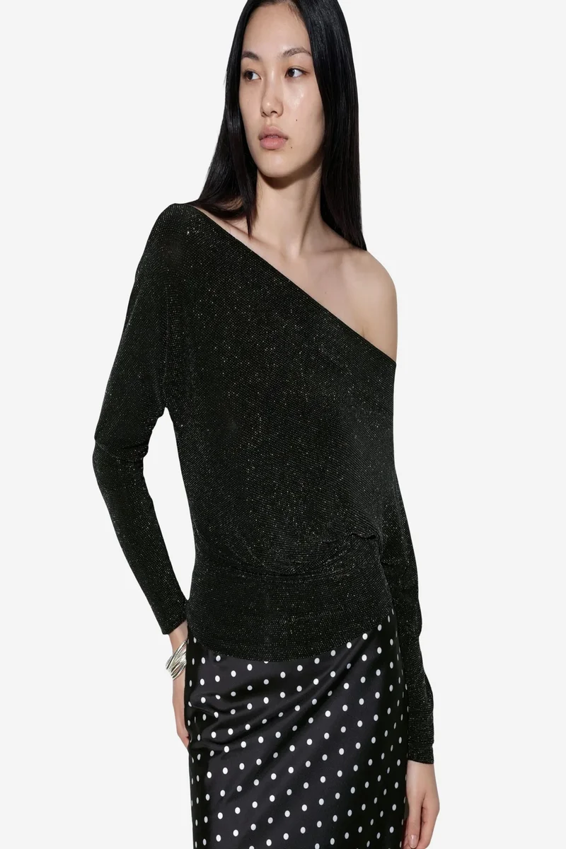 BUSEM Shiny Cowl Neck Long-sleeve Blouse