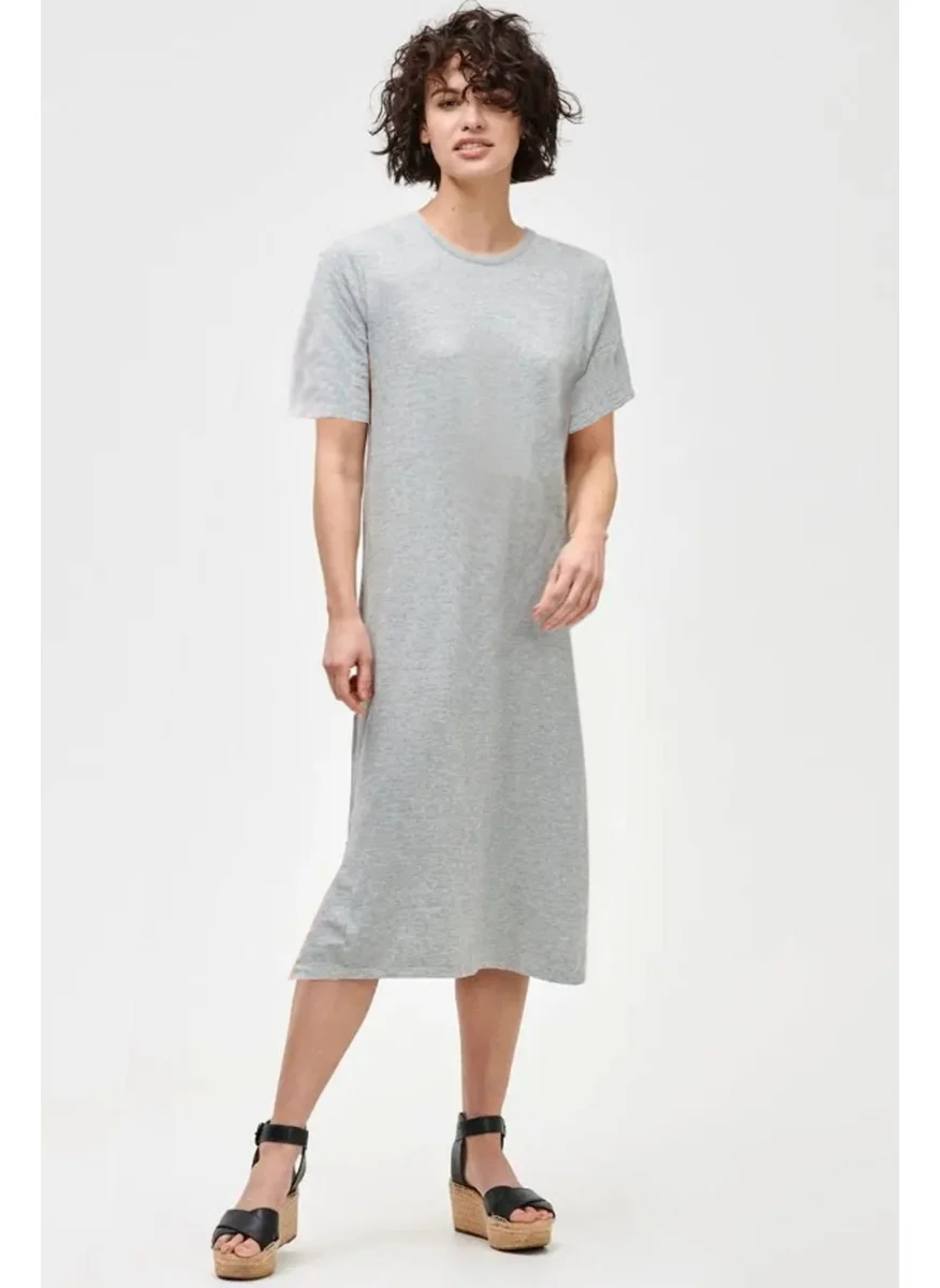 Rock&Roll Plain, Unprinted Grey Melange Crew Neck Short Sleeve Combed Cotton Long Dress