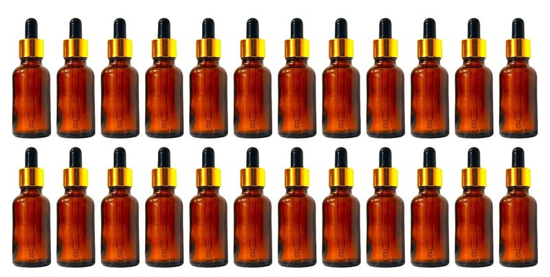 VOW 10 ML Amber Round Empty Glass Bottle Glass Dropper Golden Ring Silicone Black Teat Refillable Reusable Leak Proof for Essential Oils PerfumesPack of 24 - Image 1