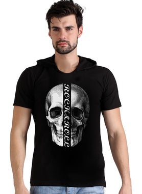 Rock&Roll Half Skull Hooded Black Short Sleeve Men's T-Shirt  - Image 1