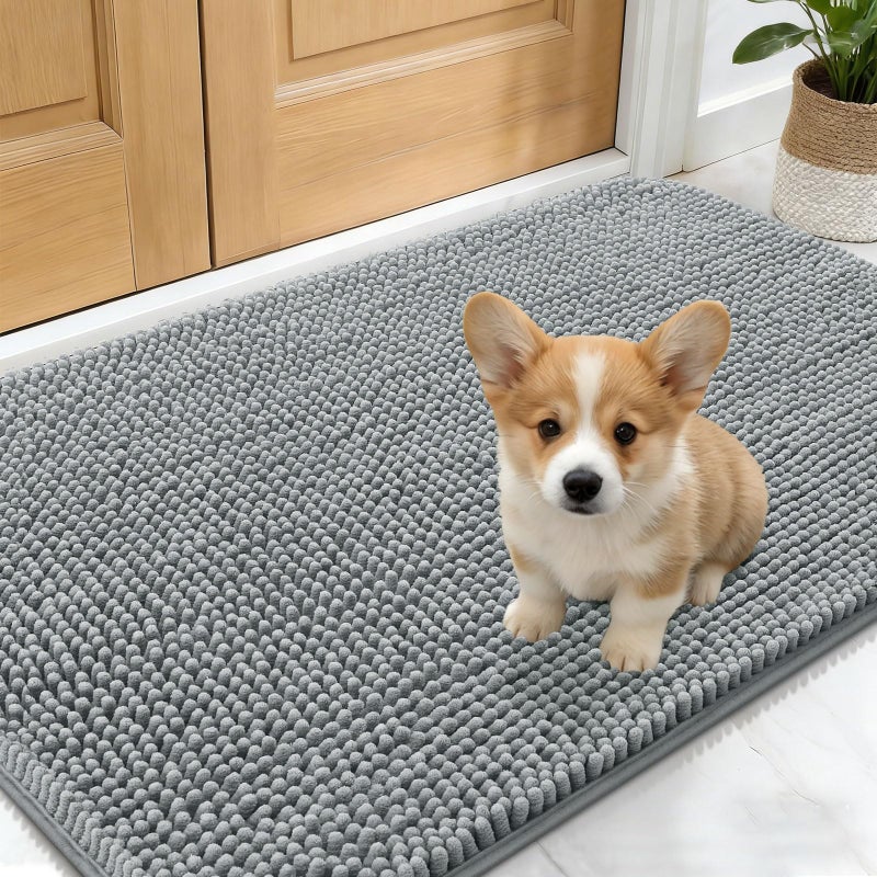 OLANLY Dog Door Mat for Muddy Paws 24x16, Absorbs Moisture and Dirt, Absorbent Non-Slip Washable Doormat, Quick Dry Chenille Mud Mat for Dogs, Entry Indoor Entryway Carpet for Inside Floor, Grey - Image 1