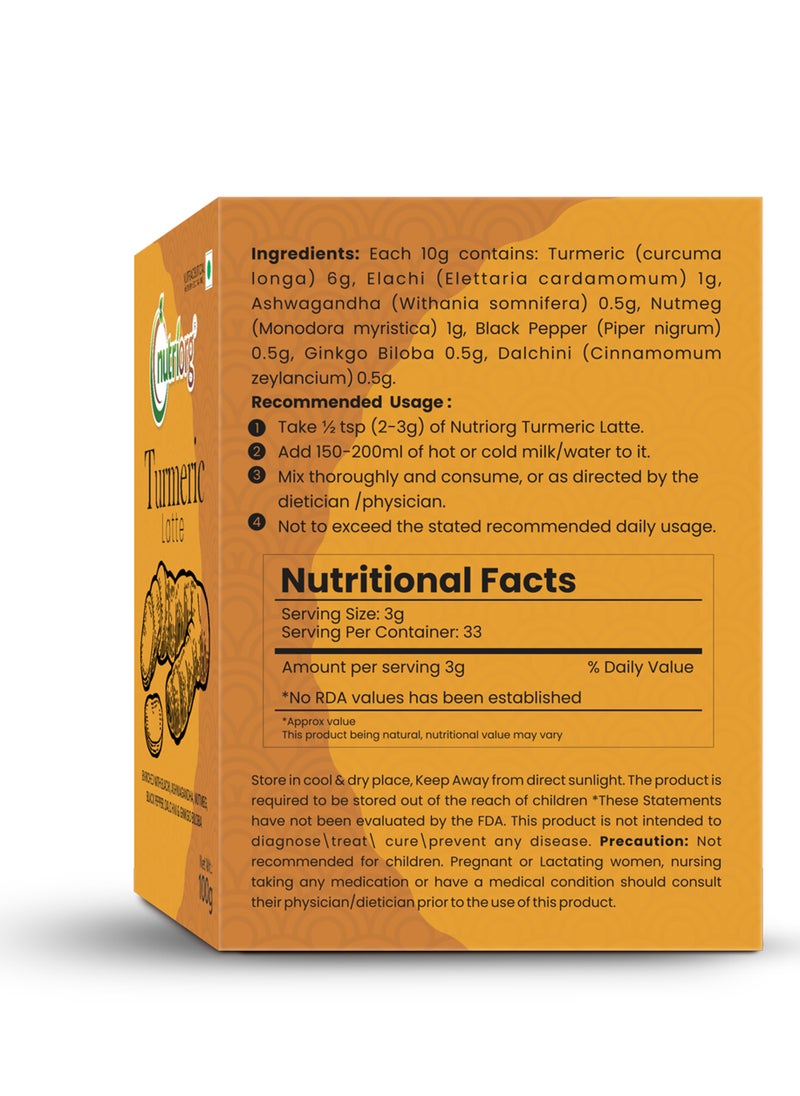 nutriorg Turmeric Latte Natural And Healthy Ashwagandha Golden Milk Immunity Booster Haldi Doodh Mix 100g  - Image 3