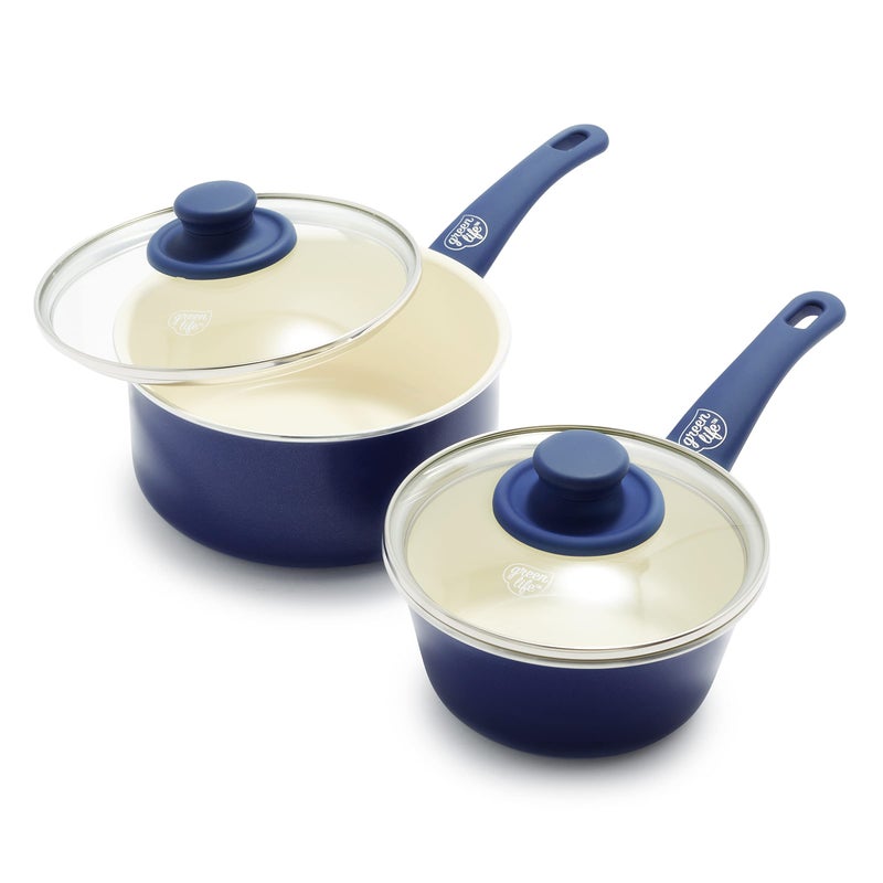 GreenLife Soft Grip 1QT and 2QT Saucepan Set NonToxic PFASFree Ceramic Nonstick Glass Lids Stay Cool Handles Wobble Free Base Dishwasher  Oven Safe Easy Clean Multipurpose Blue