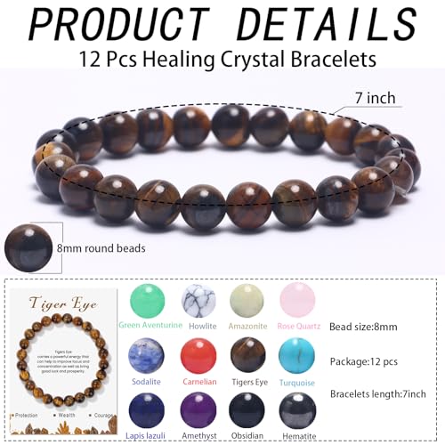 CASDAN 12Pcs Crystal Bracelets for Women Men 8mm Round Stone Beaded Bracelet Semi-Precious Gemstones Bracelet Energy stone Stretch Bracelet Jewelry Gifts - Image 3
