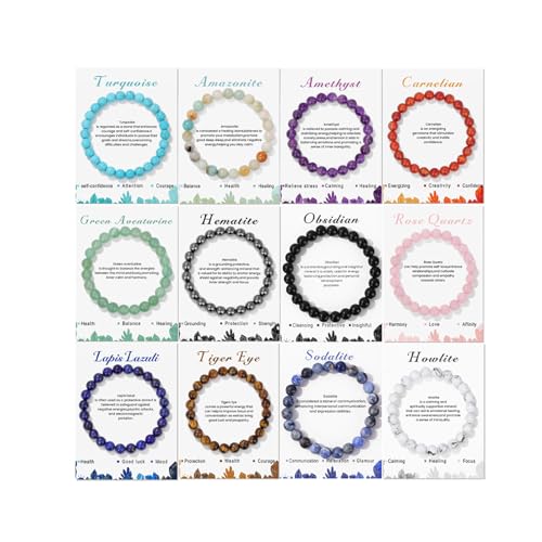 CASDAN 12Pcs Crystal Bracelets for Women Men 8mm Round Stone Beaded Bracelet Semi-Precious Gemstones Bracelet Energy stone Stretch Bracelet Jewelry Gifts - Image 1