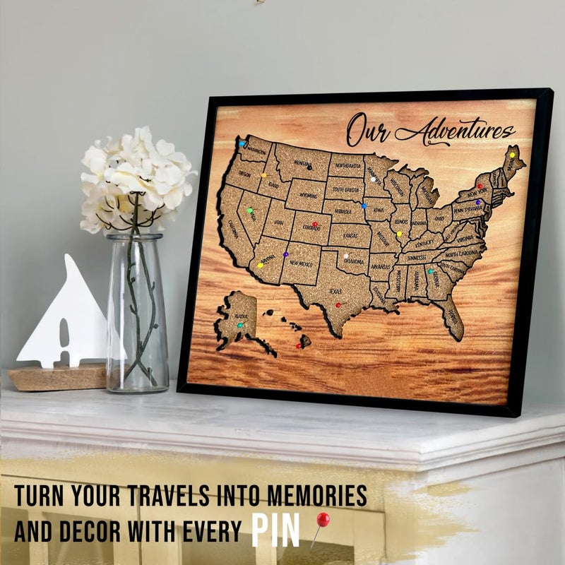 flinelife Cork Board Usa Travel Map With Pins, 12x10, Medium Size, Map of United States, Perfect For Couples and Families Gift - Image 2