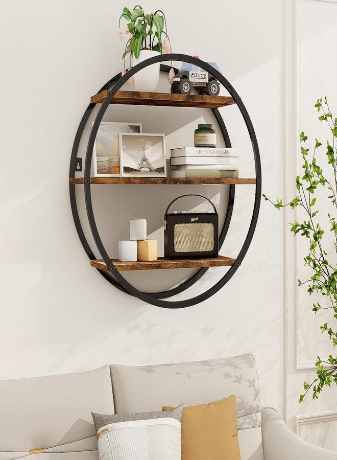 BCOZLUX Floating Shelves, 3 Tier Decorative Geometric Circle Metal and Wood Wall Shelves, Bathroom Shelf Round Wall Decor, Rustic Brown - Image 2