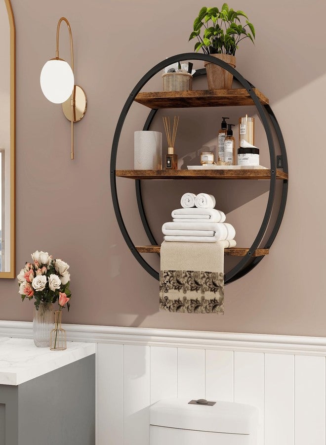 BCOZLUX Floating Shelves, 3 Tier Decorative Geometric Circle Metal and Wood Wall Shelves, Bathroom Shelf Round Wall Decor, Rustic Brown - Image 3