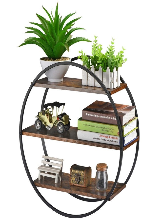 BCOZLUX Floating Shelves, 3 Tier Decorative Geometric Circle Metal and Wood Wall Shelves, Bathroom Shelf Round Wall Decor, Rustic Brown - Image 1