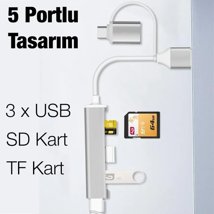 بولهاموبيل Polham 5in1 Type-C + USB Input Sdtf and USB Converter Adapter 3x USB 1x Tf 1x SD Replicator Hub