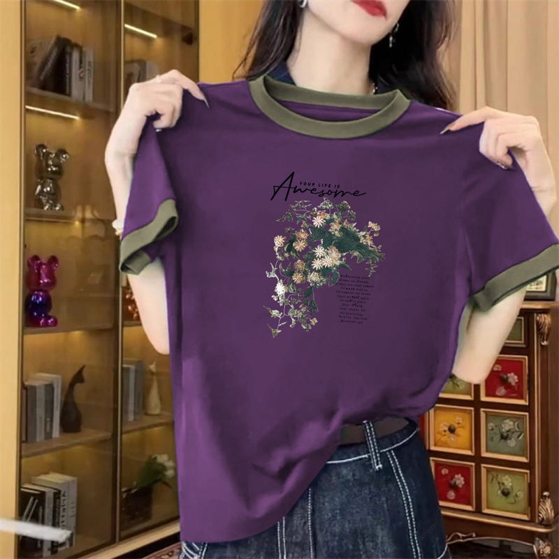 Foreign trade bargain splicing color pure cotton short-sleeved T-shirt women's summer versatile literary plus-size round-neck base shirt - Image 1