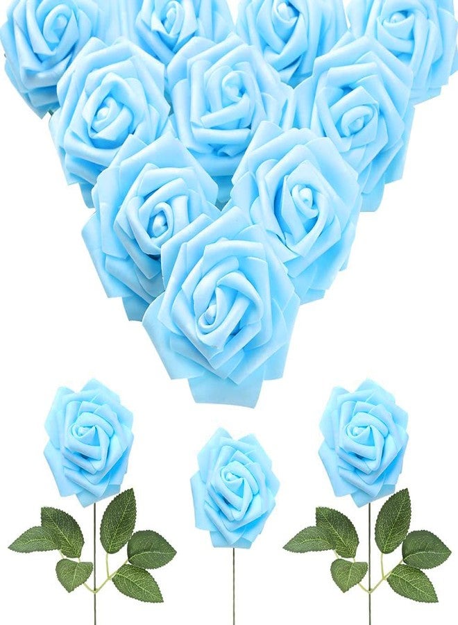 IPOPU 30pcs Baby Blue Roses Foam Flowers Artificial Roses with Stems, Fake Roses with Fake Flowers for DIY Wedding Bouquets Baby Shower Centerpieces Floral Party Home Décor (Light Blue) - Image 1