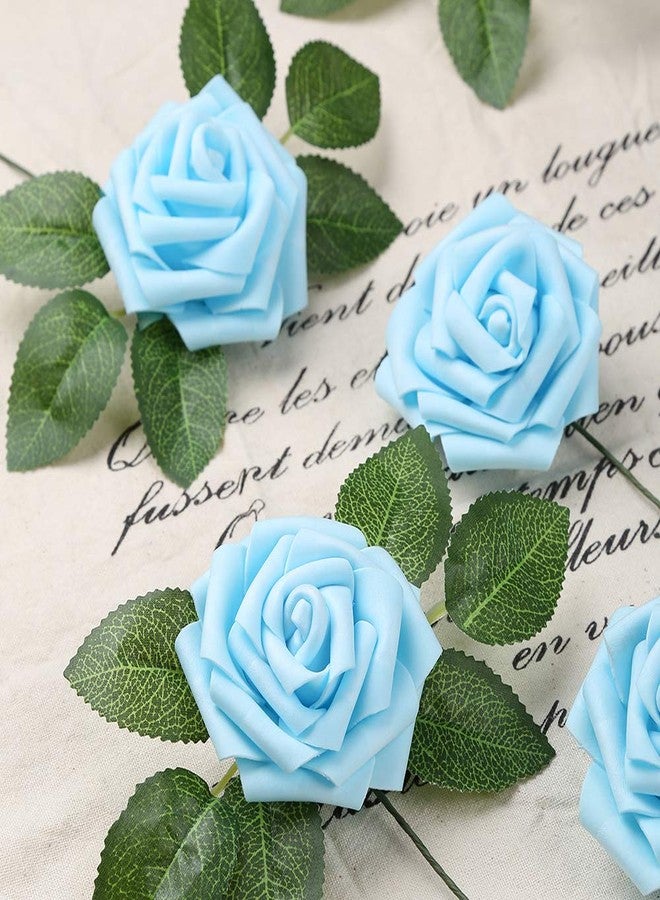 IPOPU 30pcs Baby Blue Roses Foam Flowers Artificial Roses with Stems, Fake Roses with Fake Flowers for DIY Wedding Bouquets Baby Shower Centerpieces Floral Party Home Décor (Light Blue) - Image 2