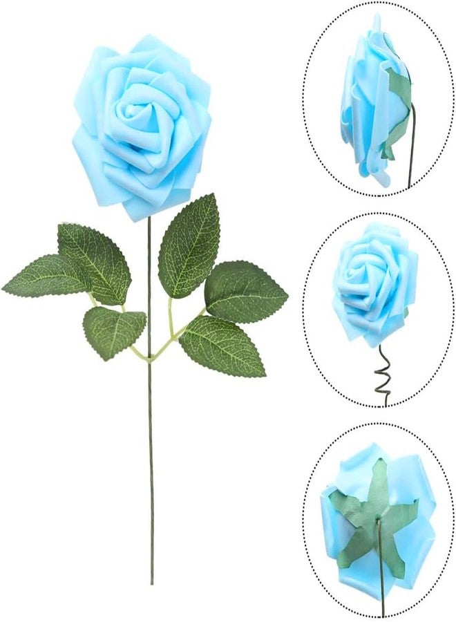 IPOPU 30pcs Baby Blue Roses Foam Flowers Artificial Roses with Stems, Fake Roses with Fake Flowers for DIY Wedding Bouquets Baby Shower Centerpieces Floral Party Home Décor (Light Blue) - Image 3
