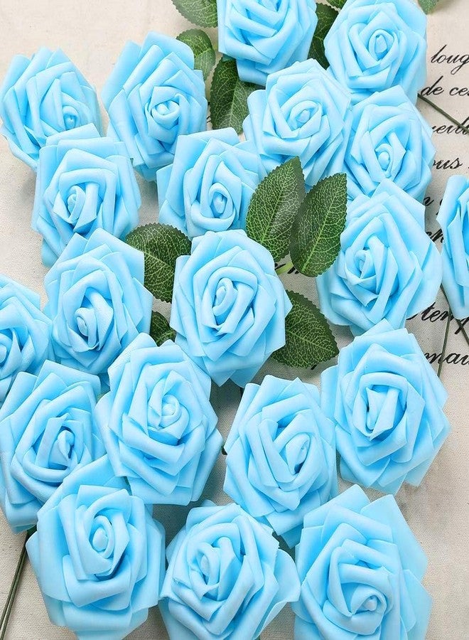 IPOPU 30pcs Baby Blue Roses Foam Flowers Artificial Roses with Stems, Fake Roses with Fake Flowers for DIY Wedding Bouquets Baby Shower Centerpieces Floral Party Home Décor (Light Blue) - Image 4