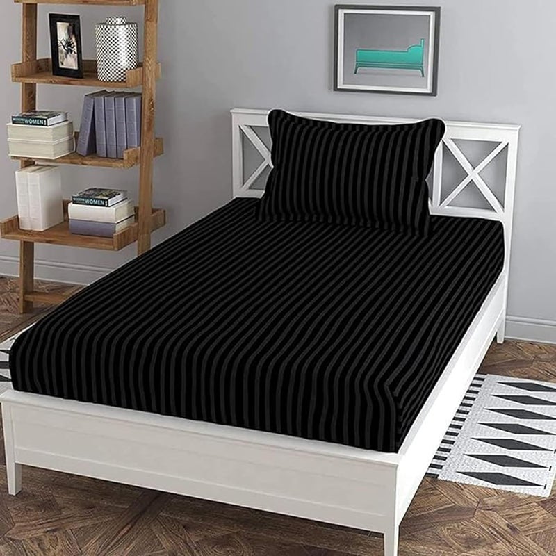 Filymore Plain Solid Black Stripe Single bedsheet with one Pillow Cover Made with Pure Microfiber(bedsheet Size 90x60) (Pillow Size 18x28) (Colour-Black) - Image 1