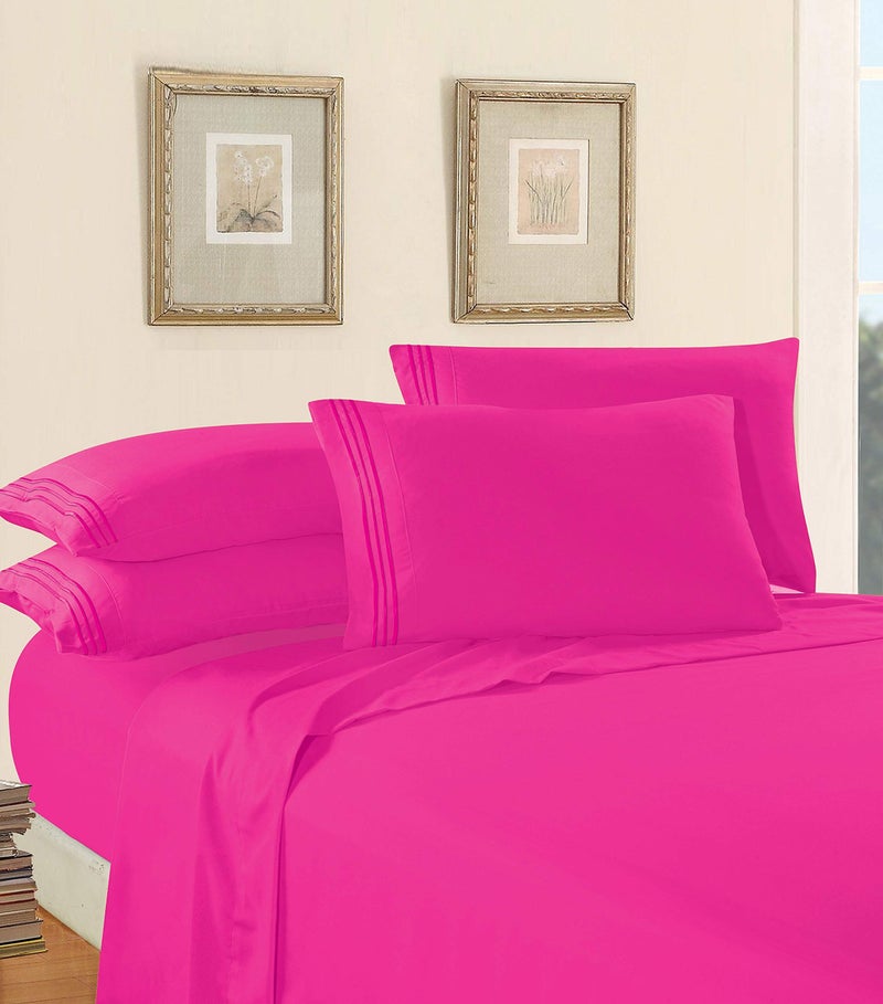 Elegance Linen مجموعة بياضات فاخرة مريحة من 1500 خيط مصري 4 قطع بجودة فندقية مقاومة للتجاعيد، ملاءة مشدودة مرنة من جميع الجهات، جيب عميق يصل إلى 16 بوصة، كينغ، وردي فاتح - Image 3