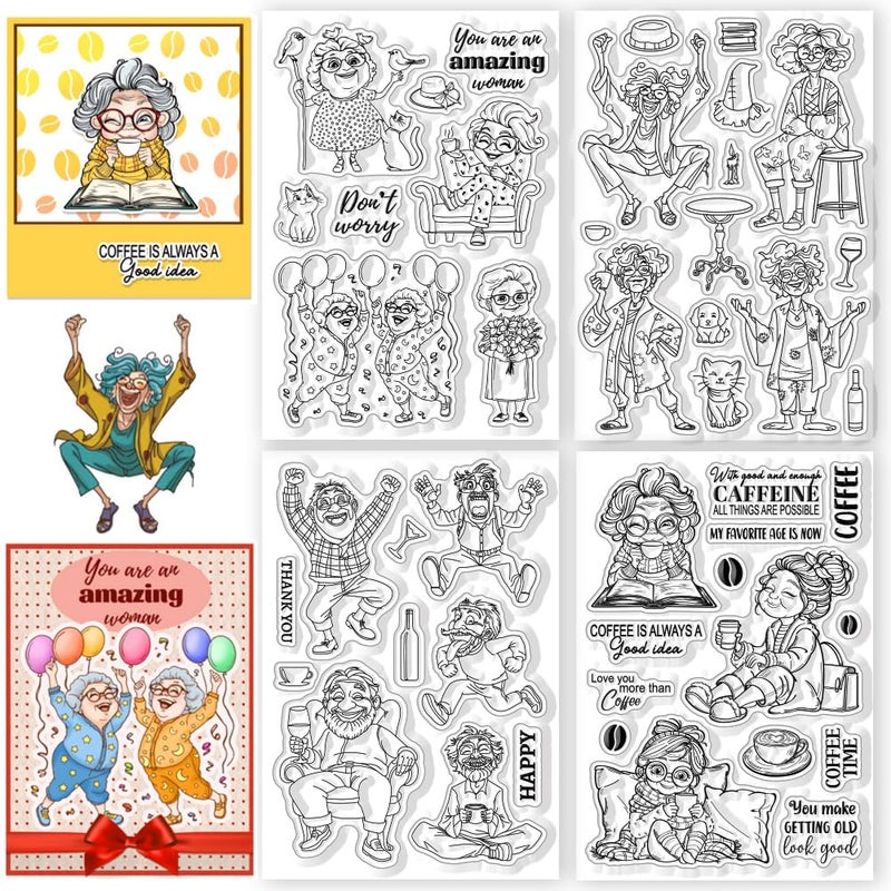 CHGCRAFT 4 Sheets 4 Styles Retro Funny Grandma Style Clear Stamps Funny Old Man Silicone Stamp Seal for DIY Scrapbooking and Card Making Paper Craft Decor 63 43 Inch - Image 3