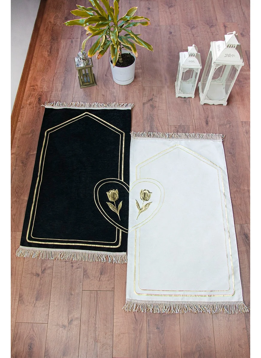 İhvan Online Ihvan Online Rose Embroidered Unlined Heart Soft Textured Chenille Prayer Rug Set for Couples Black Cream