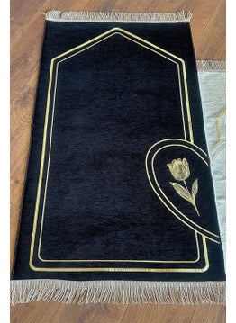 İhvan Online Ihvan Online Rose Embroidered Unlined Heart Soft Textured Chenille Prayer Rug Set for Couples Black Cream  - Image 3