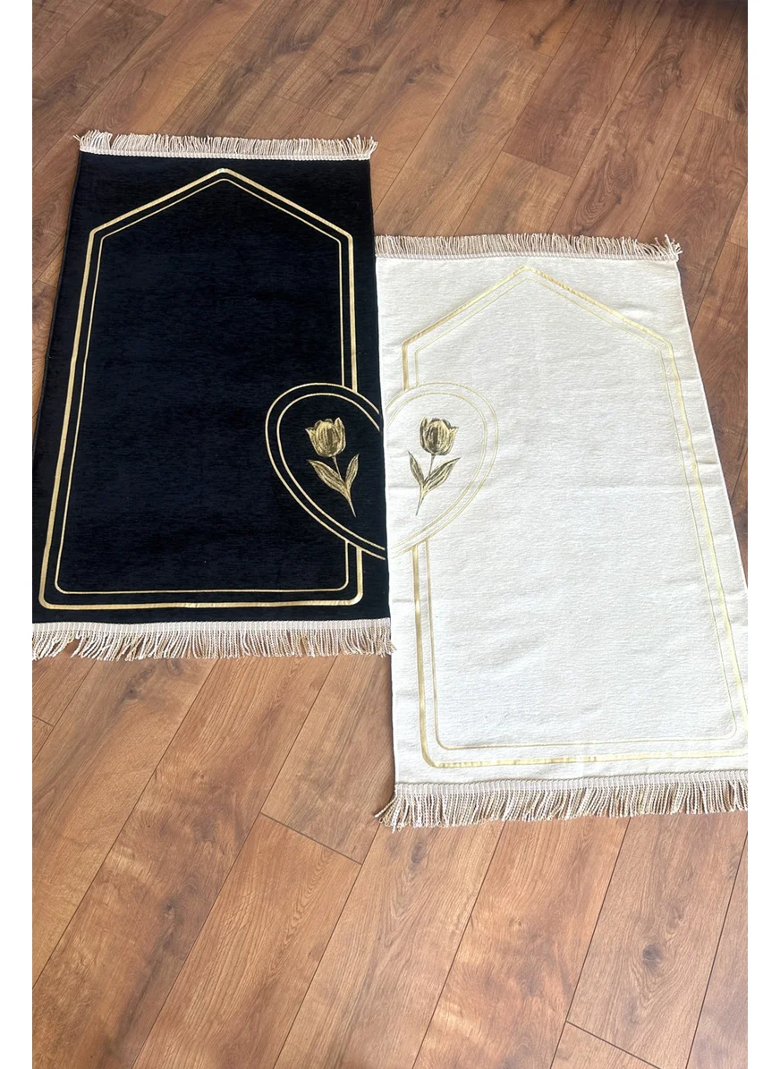 İhvan Online Ihvan Online Rose Embroidered Unlined Heart Soft Textured Chenille Prayer Rug Set for Couples Black Cream