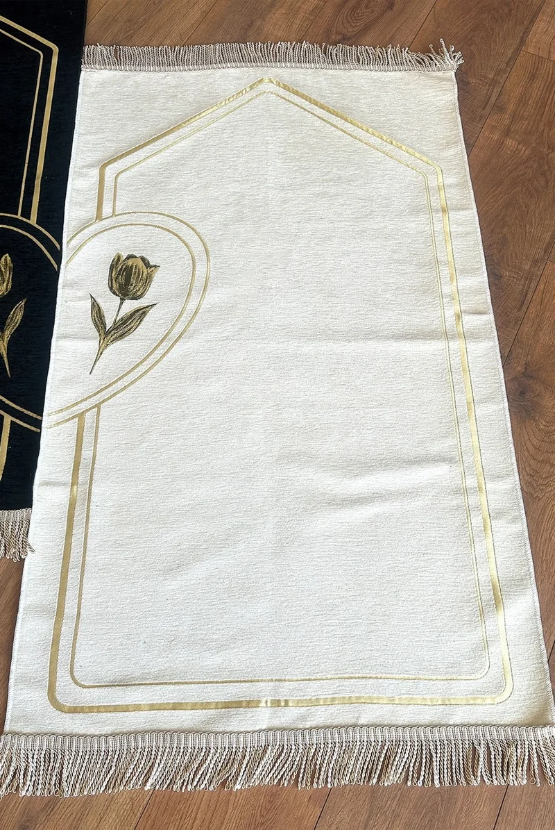 İhvan Online Ihvan Online Rose Embroidered Unlined Heart Soft Textured Chenille Prayer Rug Set for Couples Black Cream