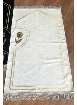 İhvan Online Ihvan Online Rose Embroidered Unlined Heart Soft Textured Chenille Prayer Rug Set for Couples Black Cream  - Image 4